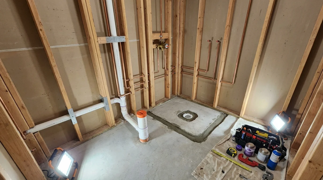 Bathroom rough-in plumbing during remodel by Johns Plumbing LLC in Byram
