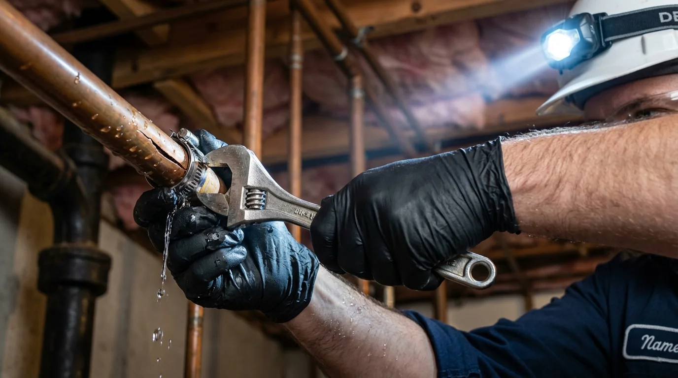Emergency pipe clamp repair being performed by a Johns Plumbing LLC plumber in Byram