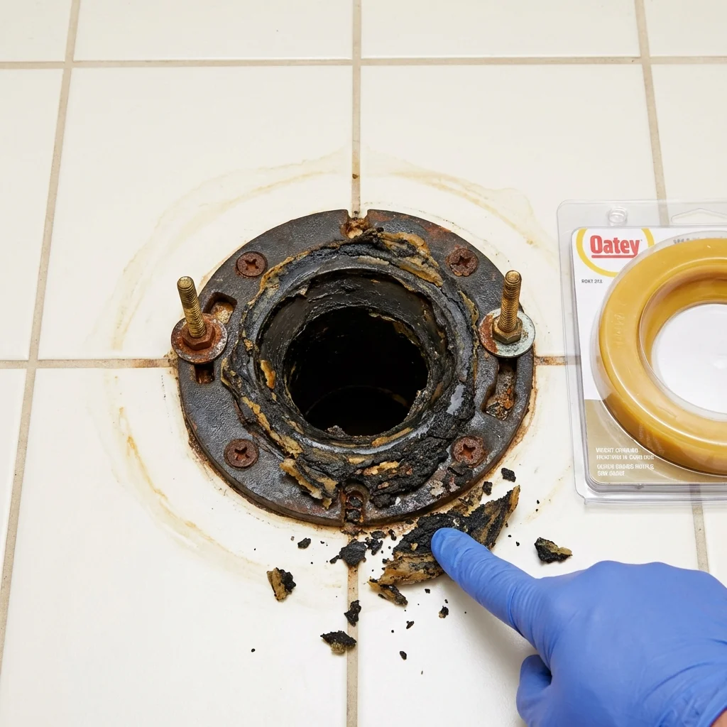 Failed wax ring showing water seepage at the base of a toilet in a Byram, MS home